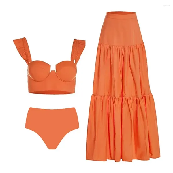 Costumi da bagno da donna Sling Ruffle Solid Due pezzi Bikini Donna Vita alta Costume da bagno sexy Gonna da spiaggia Moda estiva Backless Beachwear Cover Up