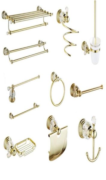 Set di accessori da bagno Accessori da bagno in oro lucido Accessori decorativi in cristallo bianco Porta asciugamano doppio in ottone massiccioBath1421936