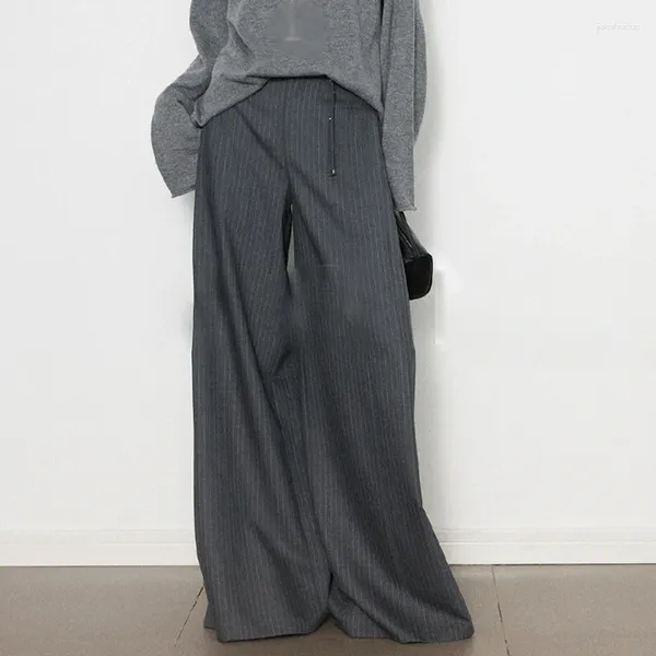 Женские брюки на осень и зиму, женские повседневные тонкие полосатые плиссированные разделенные металлические ремни с широкими штанинами
