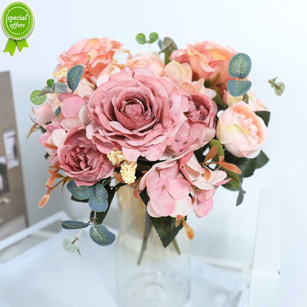 Novas flores artificiais de seda retrô rosa bouquet hidrangea peony noiva vintage segurando acessórios de decoração de casamento de flores falsas em casa