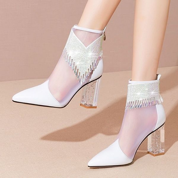 New Women Mesh Sandals Boots Sapatos de verão alto Moda Sexy Rhinestone Tassel Ponto Toe Sapatos Femininos Branco 2023