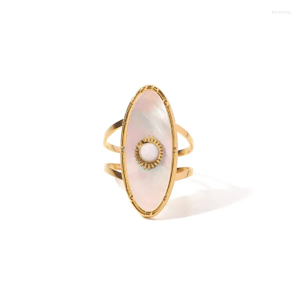 Trauringe Minar strukturierte ovale geometrische weiße Muschel Sonne großer verstellbarer Finger für Frauen 18 Karat vergoldeter Titanstahl-Charme-Ring