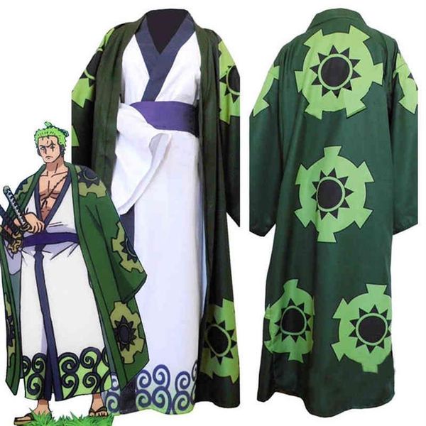 Anime One Piece Roronoa Zoro Cosplay Kostüm Wano Kuni Land Kimono Robe Voller Anzug Outfits Halloween Karneval Anzug AA220324231J