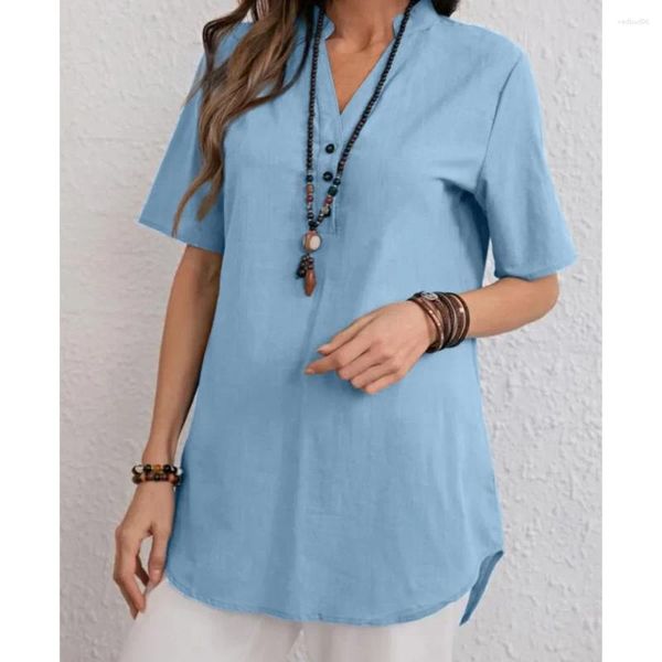 Blusas femininas céu azul camisa 2023 primavera/verão topo cor sólida botão torção moda manga curta blusa femme