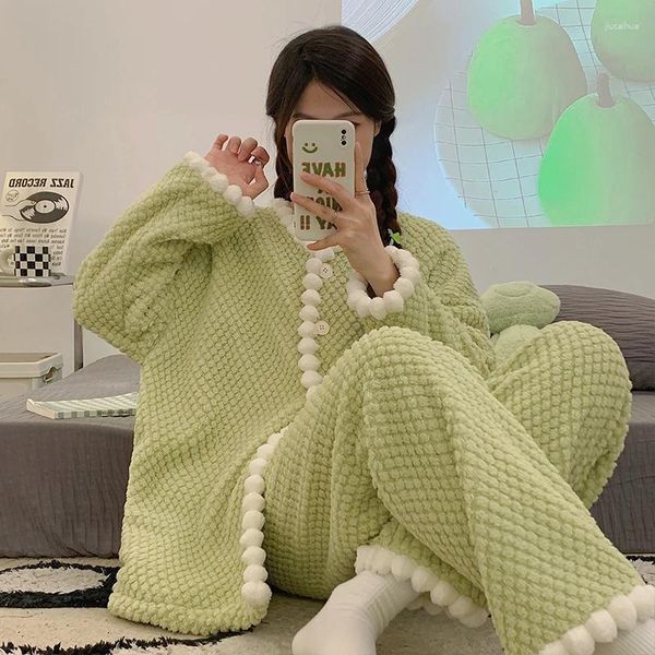 Mulheres sleepwear coral veludo pijama mulheres inverno engrossado quente flanela casa ternos estilo coreano luz verde doce menina mulher pijamas