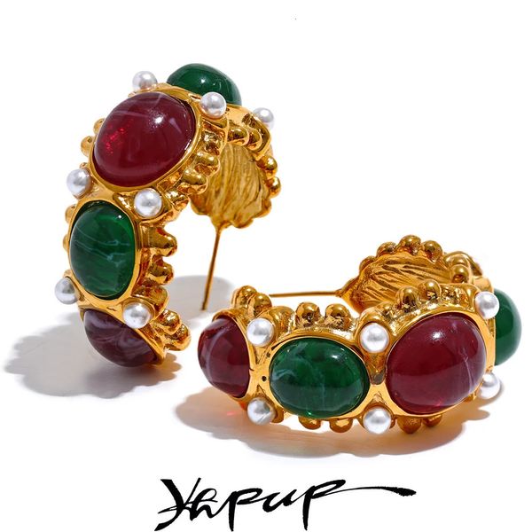 Stud Yhpup Aço Inoxidável C Em Forma de Charme Francês Brincos Jóias Vintage Vermelho Verde Resina Pedra Imitação Pérolas Cor de Ouro Bijoux 231122