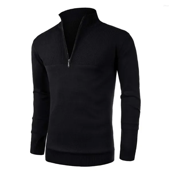 Suéteres masculinos moda 1/4 pullovers com zíper moletom com decote em v gola malhas casual quente lã camisola de malha masculina topos