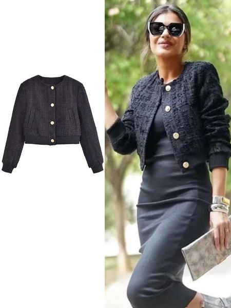 Giacche da donna Giacca corta solida per le donne 2023 Autunno Inverno Bottoni monopetto dorati O-collo Cappotto a maniche lunghe Office Lady Elegante