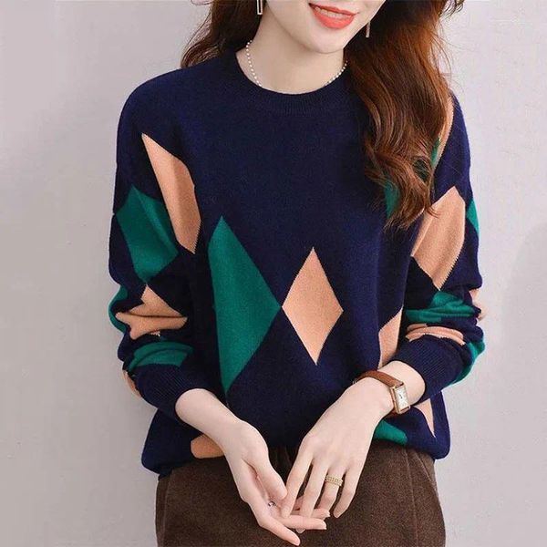 Kadın Sweaters Korece Versiyon Elmas Ekose Yuvarlak Boyun Sökü Taban Kalınlaştırılmış Desenler Retro Sıcaklık Modeli Çok Çok Uzun Kollu Örgü