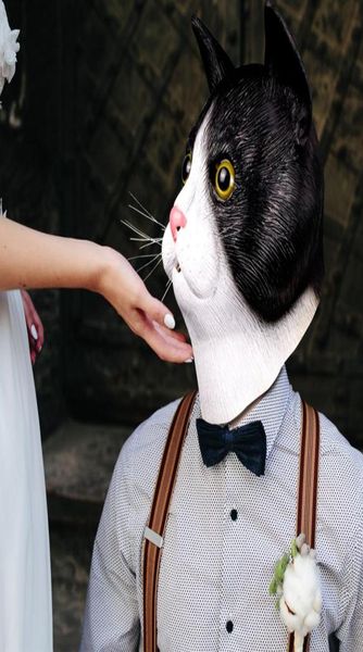 Милая маска кошки, костюм на Хэллоуин, вечерние, новинка, голова животного, резиновая латексная маска для лица, черно-белая для вечеринки, COS9217281