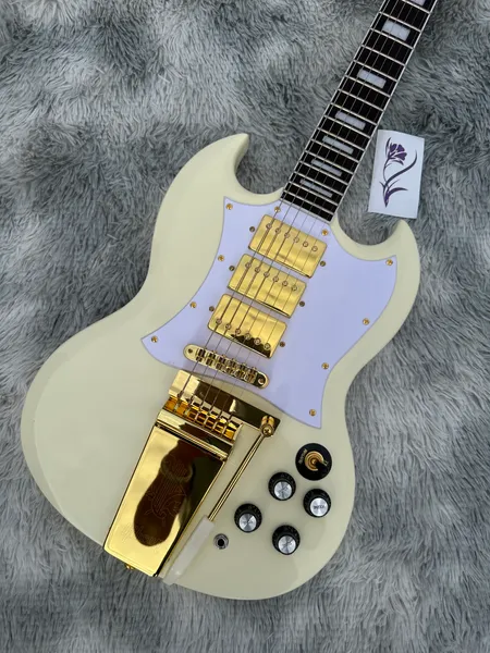 WITHE Custom E-Gitarre, Imported Gold Jazz Treble SG E-Gitarre, cremeweiß, goldenes Vibrato