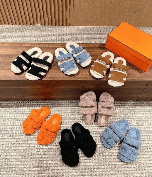 Chypre slides planos chinelos designers sandálias femininas treséu de lã de lã Slipper ajustável Design de cinta ajustável Slide casual ao ar livre