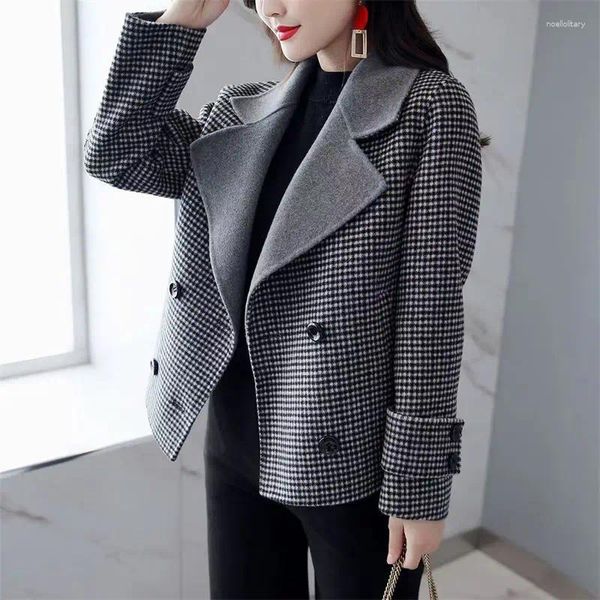 Ternos femininos 2023 outono xadrez lã mistura blazers tweed roupas femininas casacos e jaquetas cinza outerwear alfaiataria em