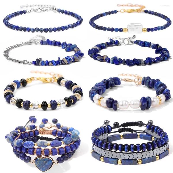 Charme pulseiras lapis lazuli frisado pulseira azul pedra natural ajustável mediação cura pulseira jóias presentes para mulheres homens