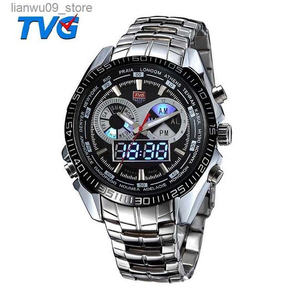 Orologi da polso TVG Marchio di lusso in acciaio inossidabile Orologio sportivo digitale LED Orologi da uomo 30M Doppi movimenti Orologi impermeabili Relogio MasculinoQ231123