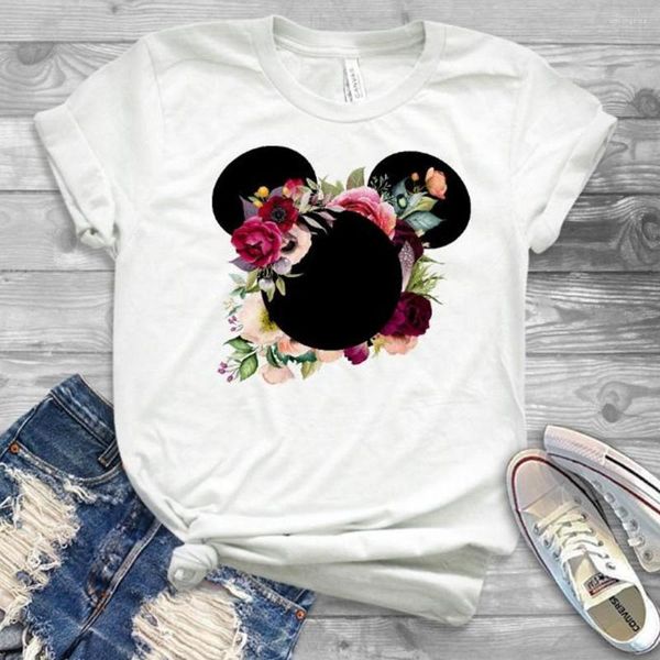 Женские футболки Женская мода Графический цветок Женская футболка с милыми ушками Футболки для девочек Laides Tumblr Футболка Хипстерская одежда Женская рубашка с принтом