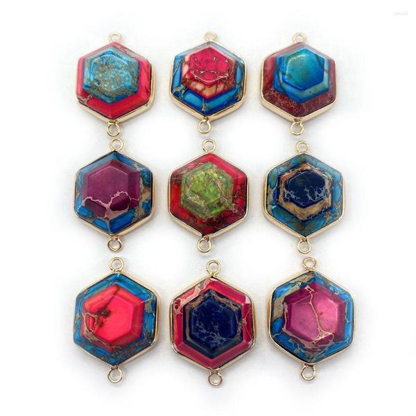 Anhänger Halsketten Naturstein Kaiser Buntes Patchwork 3D Hexagonal Double Hole Connector DIY Halskette Ohrringe Modeschmuck