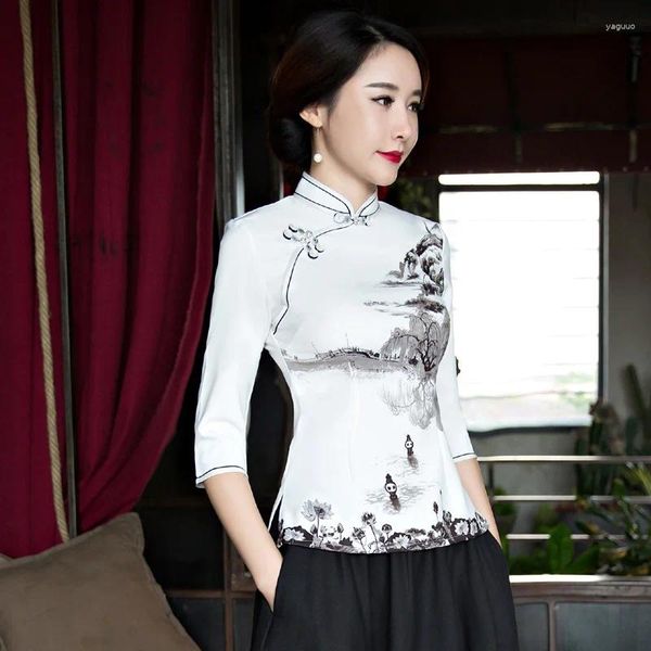 Женские блузки, модная рубашка в китайском стиле, женская прозрачная блузка в китайском стиле, женская одежда, Cheongsam, летнее короткое платье Qipao, размер S-XXXL