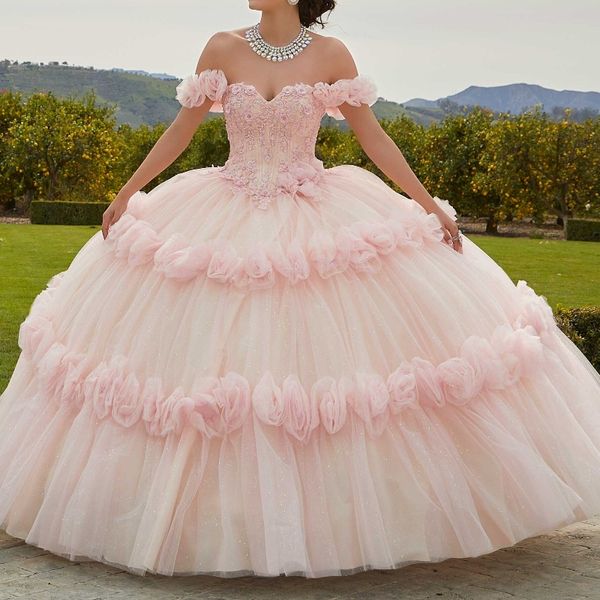 Rosa glänzendes Quinceanera-Kleid mit süßer Perlenstickerei, Spitze, Blumentüll, schulterfrei, 16-jähriges Mädchen, Prinzessin, Geburtstagsparty, Ballkleid 2024