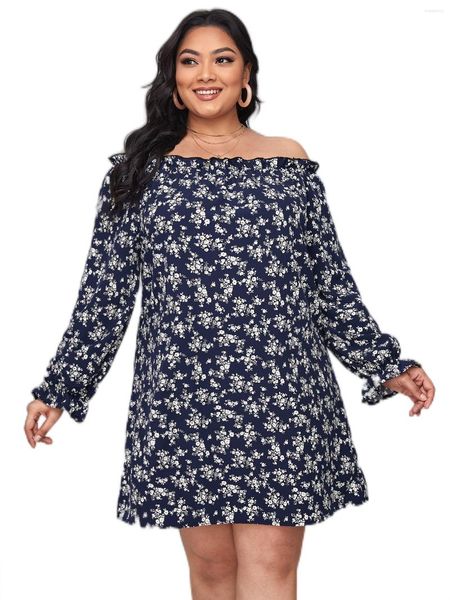 Plus Size Kleider Langarm Sommer Elegant Boho Print Kleid Damen Lose Passform Schulterfrei Molliges Mädchen Midi Große Kleidung 6XL