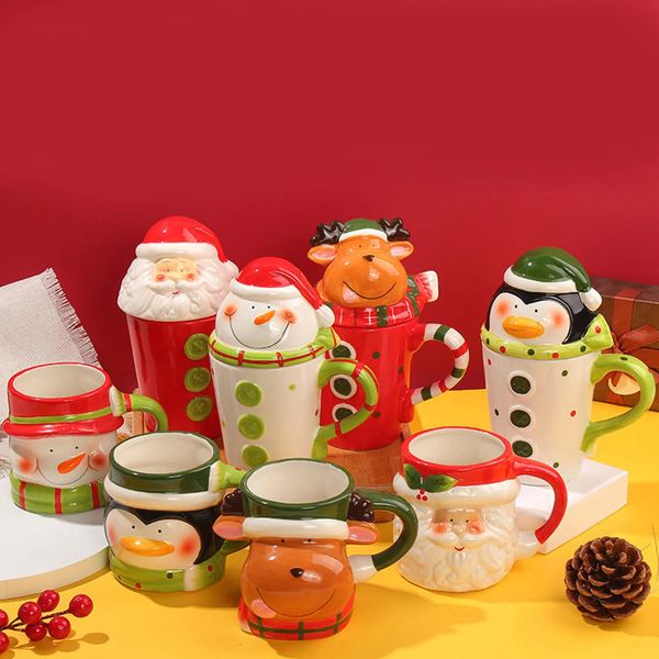 Tazze Simpatica tazza in ceramica natalizia Tazza da caffè con Babbo Natale con coperchio Cartone animato con manico per acqua e latte, regalo 231122