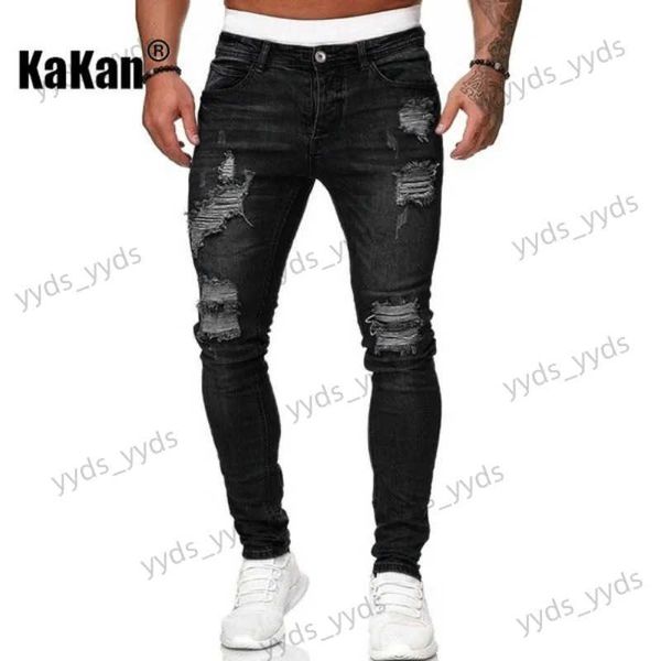 Jeans masculinos Kakan - Jeans masculinos de alta qualidade, elásticos, justos, desgastados, brancos, slim, primavera e outono, novos jeans longos K14-881 T231123