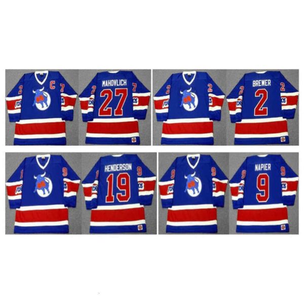 Toronto GH Toros Vintage-Trikot 27 FRANK MAHOVLICH 19 PAUL HENDERSON 9 MARK NAPIER 2 CARL BREWER Blau Custom Any Name Number CCM Hockey selten