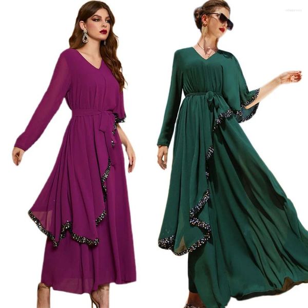 Roupas étnicas Muçulmano Arbaic Abaya Mulheres Festa Casamento Lantejoulas Maxi Vestido Vestido Islâmico Luxo Chiffon V-Pescoço Robe Médio Oriente Kaftan