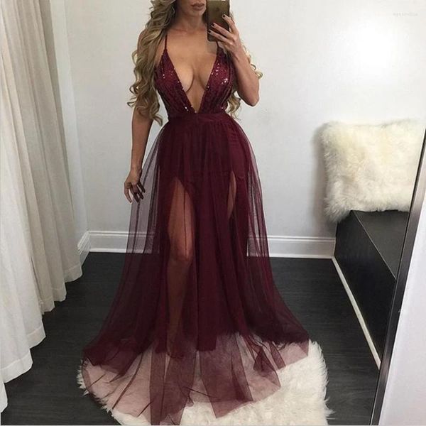 Lässige Kleider Auffällige weinrote Nähte Pailletten Gaze A-Linie Frauen Kleid weiblich tiefer V-Riemen Spaghetti Mesh Party Maxi Vestidos