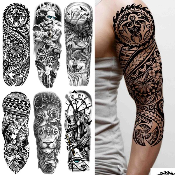 Tatuagens temporárias manga de tatuagem para homens mulheres adt lobo leão adesivo preto grande tartaruga tiki falso tatoos suprimentos gota entrega healt dhgkn