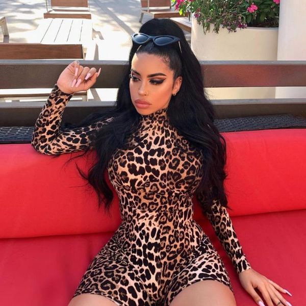 Damen Jumpsuits Strampler Leopard Sexy Jumpsuit Damenmode Rollkragen Langarm Bodycon Enge Shorts Weibliche Nachtclub Bodysuits