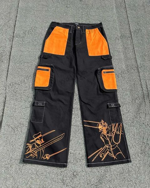 Herren Jeans Schwarz Retro Straße Mehrere Taschen Baggy Jeans Fashion Cargo Hosen Frauen Männer Hip Hop Cartoon Anime Drucken Hohe Taille Jeans T231123