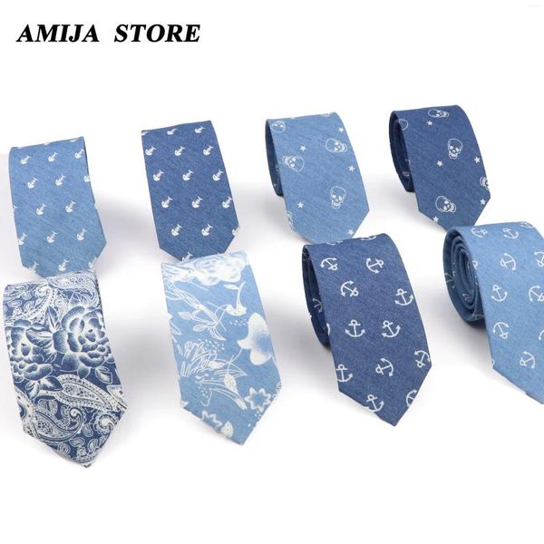 Yay bağları pamuk denim mavi ince erkekler için çiçek çapa kafatası balık kemik boyun kravat düğün parti gündelik kravatlar günlük giyim hediye
