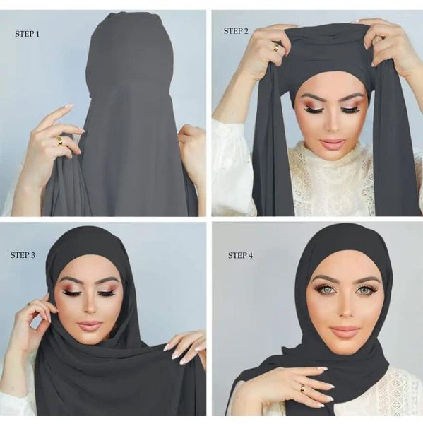 Ethnische Kleidung Instant-Chiffon-Hijab mit Raffhalter unter der Kappe, einfarbig, weicher Schal, Innenkappen für muslimische Frauen, Ramadan