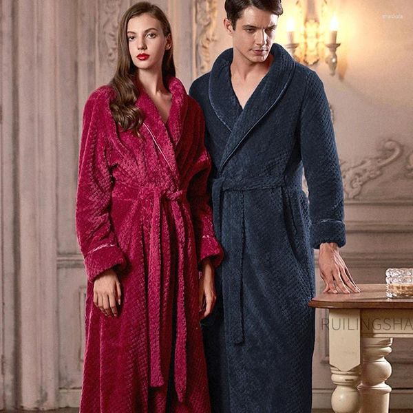 Homens sleepwear homens inverno extra longo plus size flanela roupão quente coral velo banho robe amantes lounge mulheres zíper vestido