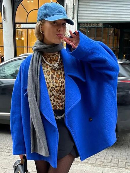 Mulheres misturas de lã Royal Blue Blazer Collar Bomber Drop Ombro Jaqueta Um Botão Manga Longa Oversize Solta Mulheres Casaco Outono Inverno Chic Outwear 231123