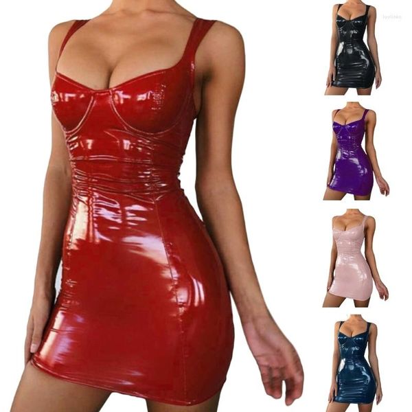 Lässige Kleider Helle Kleidung Figurbetontes PU-Kunstleder-Riemenkleid Latex-Push-Up-BH