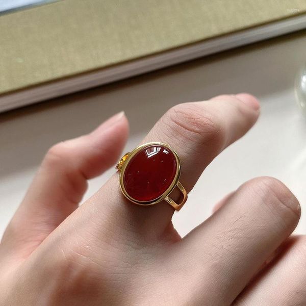 Ringos de cluster 18K Gold Plated Authentic 925 Sterling Silver Big Red Agate Stone Stone Ajuste Jóias finas elegantes C-J1348