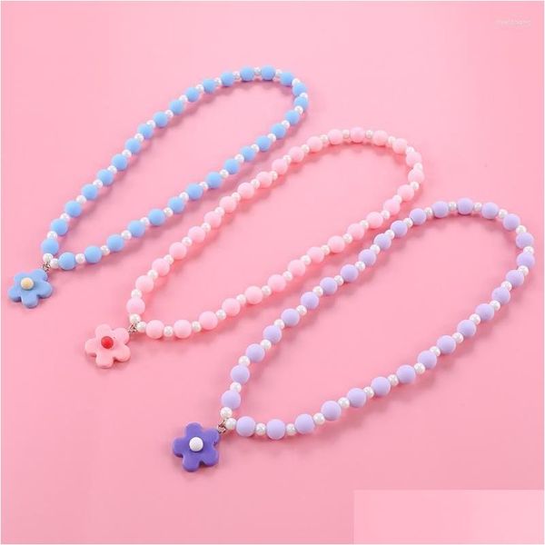 Jóias Pingente Colares Doce Crianças Colar Resina Bonito Princesa Flor Crianças Rosa / Azul / Roxo Bead Set Para Meninas Criança Jóias Gi DHPVT