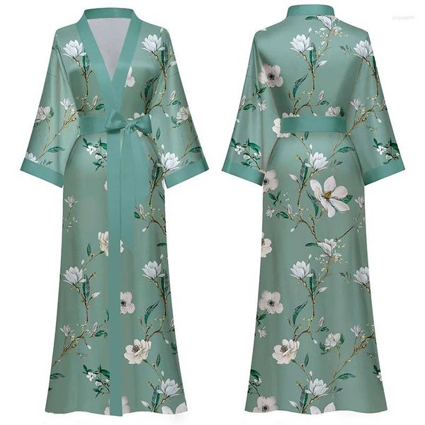 Damen-Nachtwäsche, bedruckt, Blumen-Kimono, Bademantel, Kleid, Übergröße, Damen-Nachthemd, halbe Ärmel, lange Robe, Heimkleidung, lässige Satin-Loungewear