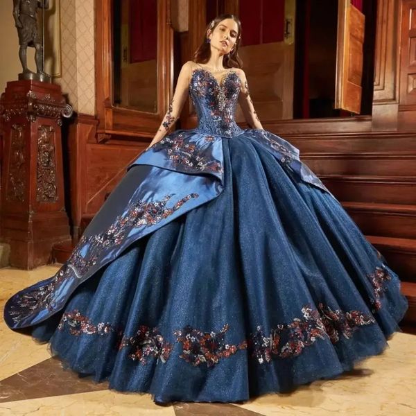 Blu Navy Lucido Donne Sparkly In Rilievo Quinceanera Paillettes Ricami Appliques Abiti Abiti di Sfera Vestido De 15 Anos Dolce 16