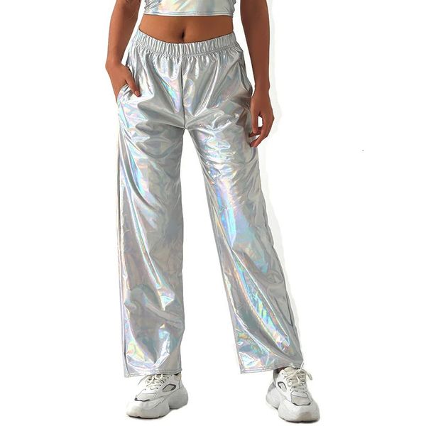 Damesbroeken Capri Dames glanzende hiphopbroek Laser Metallic Wetlook Wijde pijpen Retro Disco Hippie Club Skinny Bell Bottoms Street chic volwassen 231123