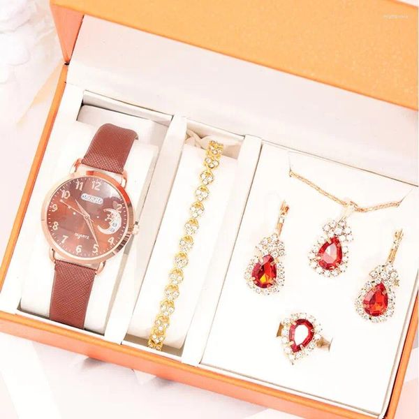 Armbanduhren 6PCS Set Mode Frauen Sterne Mond Uhren Damen Kleid Braun Leder Quarzuhr Damen Halskette Ohrringe Armband Armbanduhr