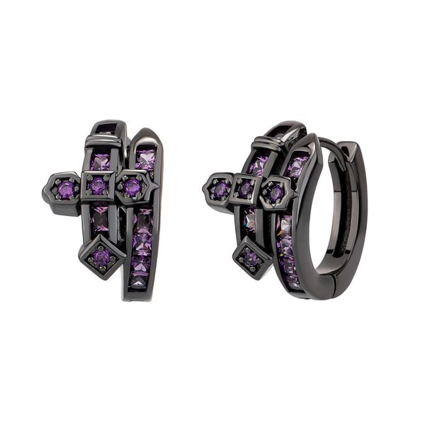 Modeschwert der Gerechtigkeit Kubik Zirkon Ohrringe Huggie Hoop Ohrring Bling Purple Stein Stein Schwarz Farbe Hip Hop Steampunk Rock für Männer Frauen Ohrring Retro Schmuck Schmuck