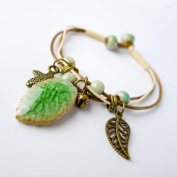 Braccialetto di perline con pendente a foglia di ceramica in filo di fascino boemo fatto a mano per bracciali regalo da donna # EY405