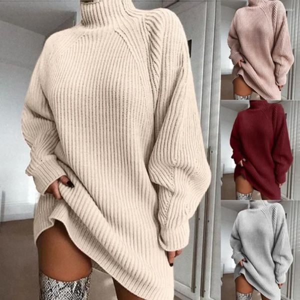 Lässige Kleider 2024 Raglanärmel Halb Stehkragen Pullover Kleid Frau Gestrickte Pullover Einfarbig Weibliche Mode Lose Mittlere Länge