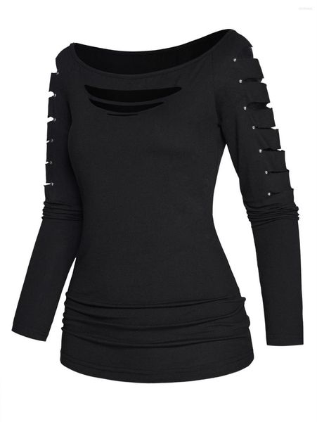 Magliette da donna tinta unita ritagliate top con rivetto sulla spalla manica lunga casual sexy donna tinta unita nera maglietta slim per la primavera