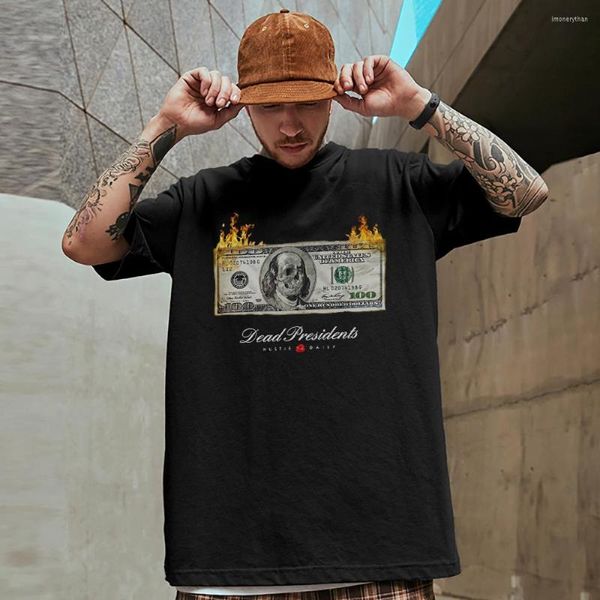 Camisetas masculinas queimando o papel e o crânio retrato homens camisetas Hip Hop Personalidade Street Manga curta Vintage O-pescoço mans algodão