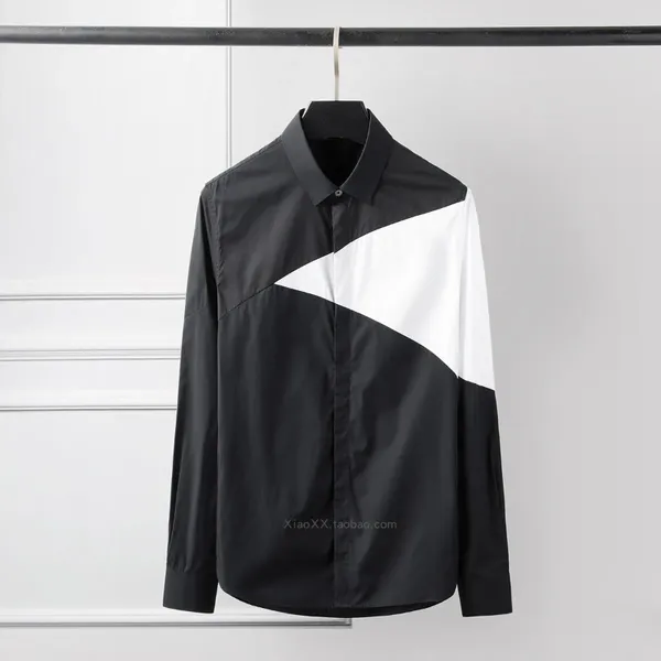 Camisas casuais masculinas XS-7XL 2023 roupas passarela triangular cor geométrica contraste costura negócios magro camisa plus size trajes