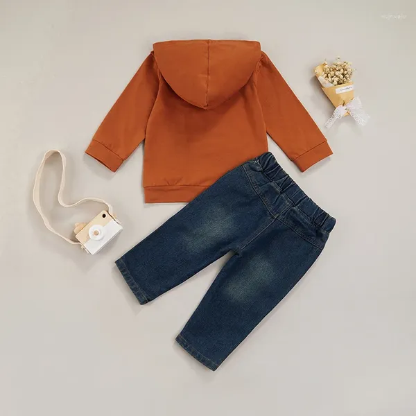 Set di abbigliamento Maglione con cappuccio per bambino Jeans Stampa di lettere Elastico in vita Abito casual Primavera